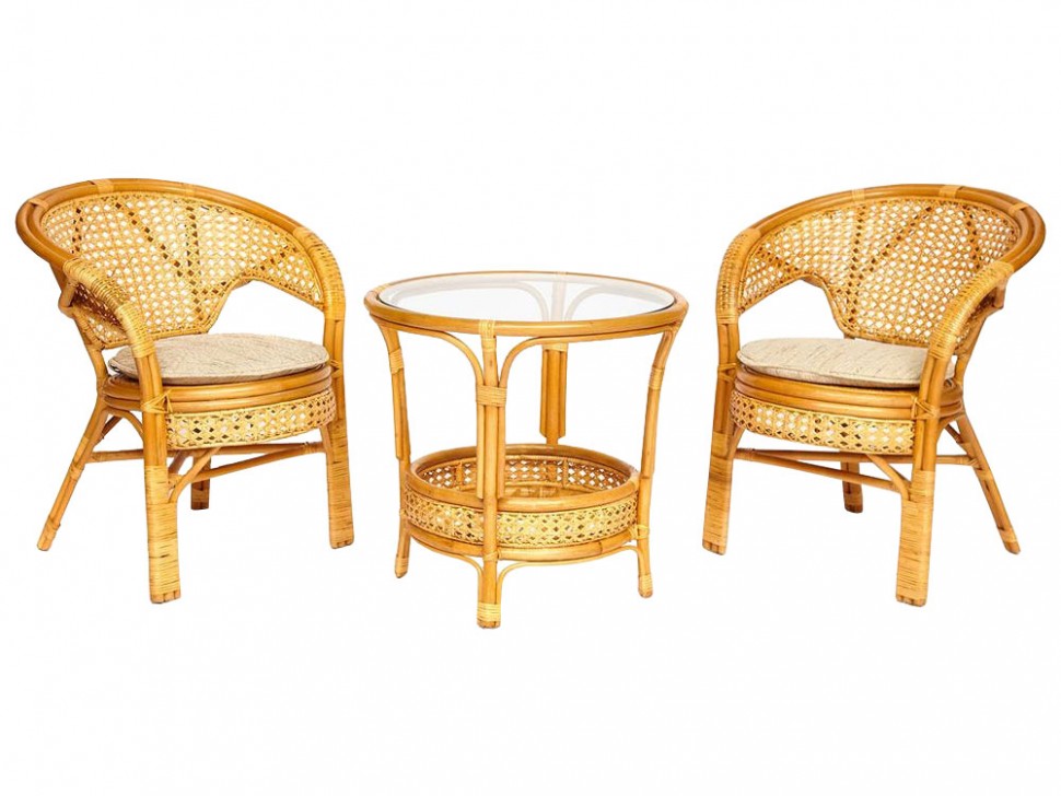 Комплект плетеной мебели Террасный комплект "PELANGI" (стол со стеклом + 2 кресла) /без подушек/