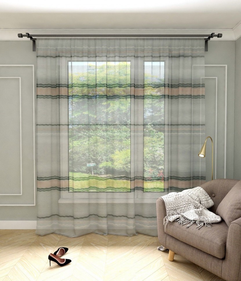 Тюль Сетка Полоса розово-серый/белый